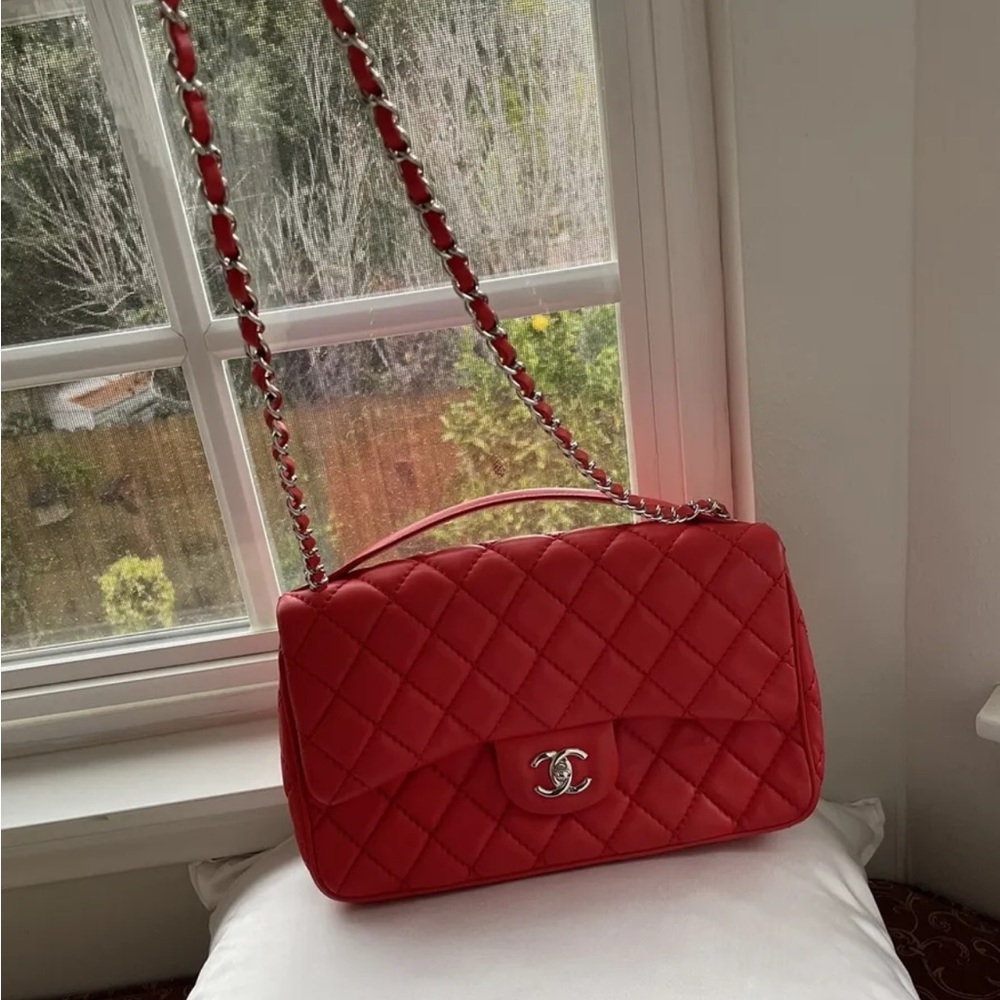 CHANEL Coral Red Maxi Double Flap Classic Quilted Patent Leather SHW